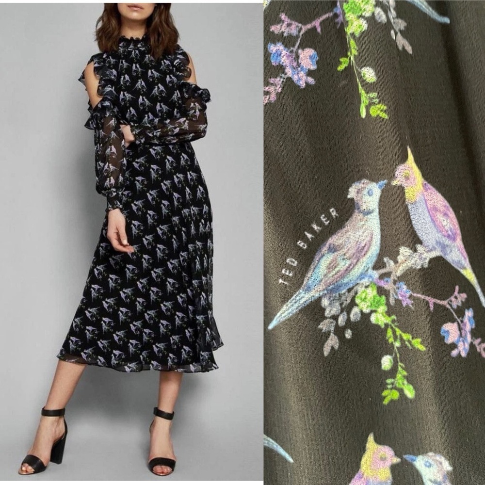 Ted Baker Hilaina Love Birds Black Cold-Shoulder Midi Dress Size M? See Pics